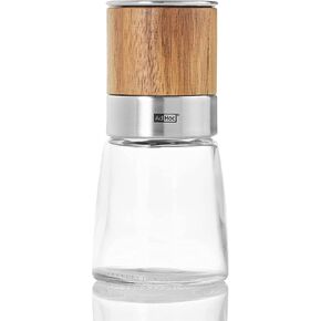 AdHoc Akasia Wood Pepper or Salt Mill - Empty Glass Salt & Pepper Grinders with Wood Features - Refillable Spice Tools - Hand Wash Kitchen Gadget - Brown, 6.5"