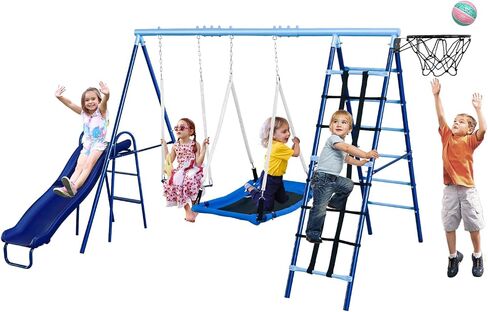 JYGOPLA 2 Seat Swing Set for Backyard, Heavy Duty Metal A-Frame Swing Holds 440 lbs,1 Adjustable Platform Swing Seat, and 1 u-Shape Seat Swing, Outdoor Playground Suitable for Kids Aged 3-8 Years in Kuwait