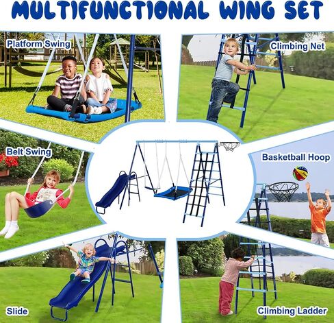 JYGOPLA 2 Seat Swing Set for Backyard, Heavy Duty Metal A-Frame Swing Holds 440 lbs,1 Adjustable Platform Swing Seat, and 1 u-Shape Seat Swing, Outdoor Playground Suitable for Kids Aged 3-8 Years in Kuwait