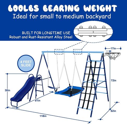 JYGOPLA 2 Seat Swing Set for Backyard, Heavy Duty Metal A-Frame Swing Holds 440 lbs,1 Adjustable Platform Swing Seat, and 1 u-Shape Seat Swing, Outdoor Playground Suitable for Kids Aged 3-8 Years in Kuwait