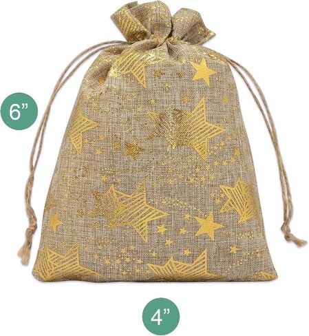 12-pack 8x10 Jute Burlap Canvas Gift Bags w/Drawstring (Golden Stars, Large) - for Presents, Party Favors, Retail, Samples by TheDisplayGuys in Kuwait