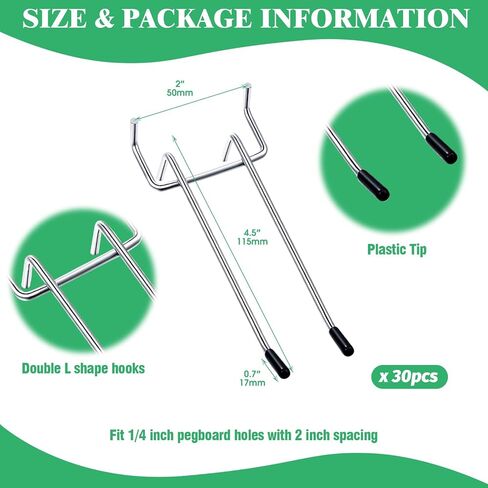 30Pcs 5 Inch Double Arm Peg Board Hooks for 1/4" Pegboard, Metal Gridwall Hanger Utility Hooks with Rubber Protecting Tip for Garage Kitchen Home Retail Display in Saudi Arabia