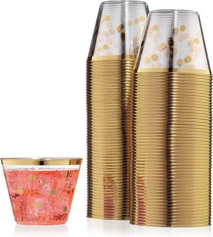 Perfect Settings 110 Gold Swirl Clear Plastic Cups 9 Ounce - Holiday Wedding Party Elegant Trimmed Disposable Cups - Fancy Wedding Cups in Saudi Arabia