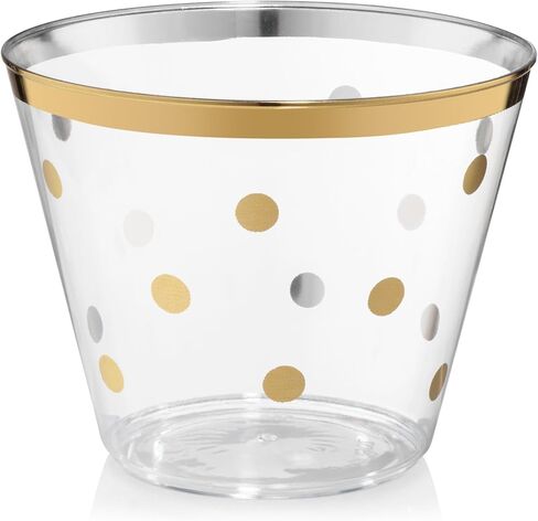 Perfect Settings 110 Gold Swirl Clear Plastic Cups 9 Ounce - Holiday Wedding Party Elegant Trimmed Disposable Cups - Fancy Wedding Cups in Saudi Arabia