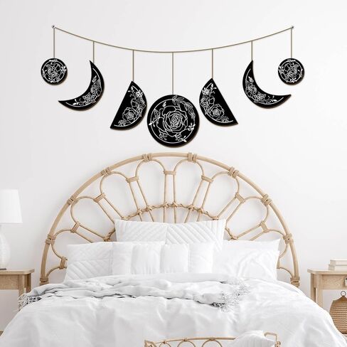 Wooden Moon Phase Wall Hanging Boho Decor Garland Rustic Bohemian Aesthetic Christmas Wall Decor Celestial Lunar Art for Girls Room Banner Living Room Bedroom Dorm Birthday Party Gift Decoration in Saudi Arabia