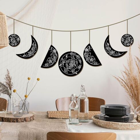 Wooden Moon Phase Wall Hanging Boho Decor Garland Rustic Bohemian Aesthetic Christmas Wall Decor Celestial Lunar Art for Girls Room Banner Living Room Bedroom Dorm Birthday Party Gift Decoration in Saudi Arabia