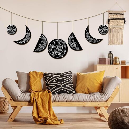 Wooden Moon Phase Wall Hanging Boho Decor Garland Rustic Bohemian Aesthetic Christmas Wall Decor Celestial Lunar Art for Girls Room Banner Living Room Bedroom Dorm Birthday Party Gift Decoration in Saudi Arabia