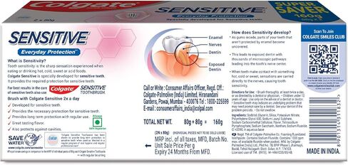 Colgate Sensitive Everyday Protection Toothpaste, Combo Pack of 160g (80g X 2), Specifically Developed for Sensitive Teeth & Healthy Gums, Colgate Toothpaste for Prevention of Cavities & Plaque in Saudi Arabia