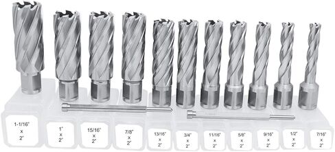 Accusize Industrial Tools 13 Pc 7/16'' to 1-1/16'' Hss Annular Cutters, 1'' Cutting Depth, 3/4'' Weldon Shank, with 2 Pilot Pins, Strong Box, N10 in Saudi Arabia