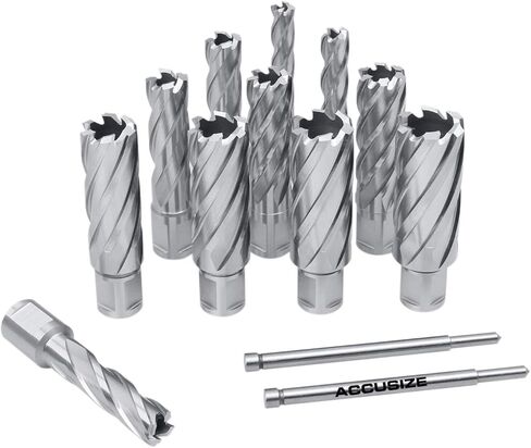 Accusize Industrial Tools 13 Pc 7/16'' to 1-1/16'' Hss Annular Cutters, 1'' Cutting Depth, 3/4'' Weldon Shank, with 2 Pilot Pins, Strong Box, N10 in Saudi Arabia