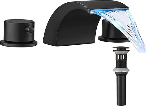 Black LED Widespread Bathroom Faucet 3 Hole Light Matte Waterfall Wide Spread Mount 2 Handle 8 Inch Lavatory Vanity with Pop Up Drain Has Overflow & Parts in Saudi Arabia