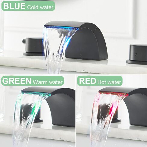 Black LED Widespread Bathroom Faucet 3 Hole Light Matte Waterfall Wide Spread Mount 2 Handle 8 Inch Lavatory Vanity with Pop Up Drain Has Overflow & Parts in Saudi Arabia