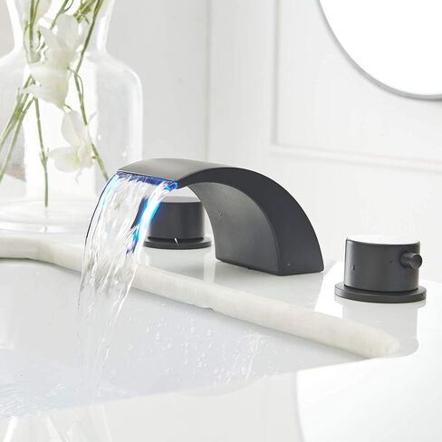 Black LED Widespread Bathroom Faucet 3 Hole Light Matte Waterfall Wide Spread Mount 2 Handle 8 Inch Lavatory Vanity with Pop Up Drain Has Overflow & Parts in Saudi Arabia