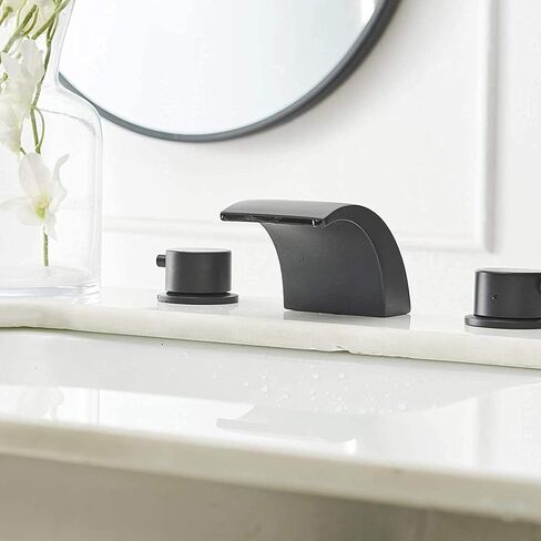 Black LED Widespread Bathroom Faucet 3 Hole Light Matte Waterfall Wide Spread Mount 2 Handle 8 Inch Lavatory Vanity with Pop Up Drain Has Overflow & Parts in Saudi Arabia