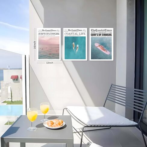 Coastal Canvas Wall Art Set of 3, Summer Beach Surfer Girl Posters Prints, Vintage Newspaper Cowgirl Wall Decor Painting for Bathroom Bedroom Dormitory Living Room Framed 12x16In in Saudi Arabia