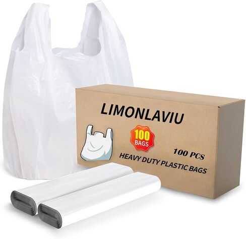 أكياس LimonLaviu البلاستيكية، (11.5 بوصة × 6.5 بوصة × 21 بوصة) (100 عبوة) أكياس بلاستيكية بمقابض، أكياس تسوق بلاستيكية للأعمال الصغيرة، أكياس بقالة بلاستيكية، حقائب تي شيرت، حقائب مطاعم بكميات كبيرة، أكياس قمامة صغيرة in Saudi Arabia