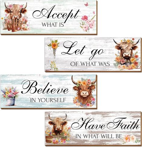 Thrist Highland بقرة ديكور جدار الفن 4 قطع Let Go Accept Believe Have Faith خشبية ملهمة مزرعة جدار الفن صورة إيجابية اقتباسات Highland Cow الحمام جدار ديكور لغرفة النوم غرفة المعيشة in Kuwait