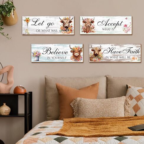 Thrist Highland بقرة ديكور جدار الفن 4 قطع Let Go Accept Believe Have Faith خشبية ملهمة مزرعة جدار الفن صورة إيجابية اقتباسات Highland Cow الحمام جدار ديكور لغرفة النوم غرفة المعيشة in Kuwait