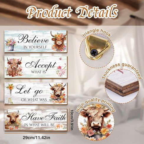 Thrist Highland بقرة ديكور جدار الفن 4 قطع Let Go Accept Believe Have Faith خشبية ملهمة مزرعة جدار الفن صورة إيجابية اقتباسات Highland Cow الحمام جدار ديكور لغرفة النوم غرفة المعيشة in Kuwait
