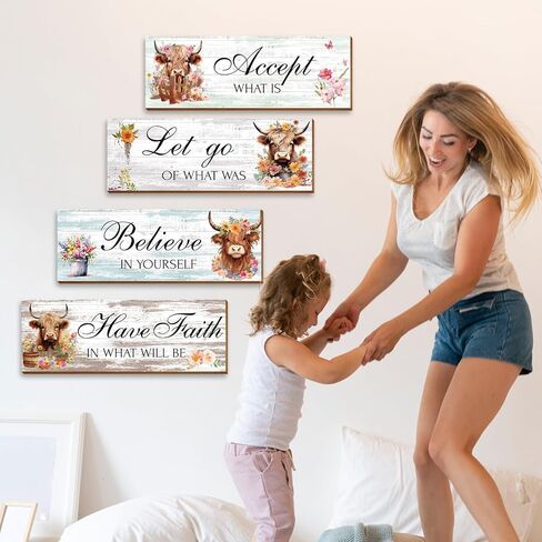 Thrist Highland بقرة ديكور جدار الفن 4 قطع Let Go Accept Believe Have Faith خشبية ملهمة مزرعة جدار الفن صورة إيجابية اقتباسات Highland Cow الحمام جدار ديكور لغرفة النوم غرفة المعيشة in Kuwait