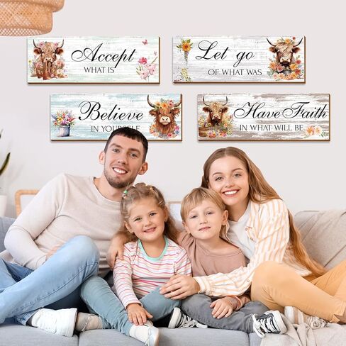 Thrist Highland بقرة ديكور جدار الفن 4 قطع Let Go Accept Believe Have Faith خشبية ملهمة مزرعة جدار الفن صورة إيجابية اقتباسات Highland Cow الحمام جدار ديكور لغرفة النوم غرفة المعيشة in Kuwait