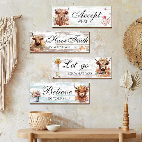 Thrist Highland بقرة ديكور جدار الفن 4 قطع Let Go Accept Believe Have Faith خشبية ملهمة مزرعة جدار الفن صورة إيجابية اقتباسات Highland Cow الحمام جدار ديكور لغرفة النوم غرفة المعيشة in Kuwait
