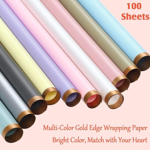 100 Sheets Waterproof Flower Wrapping Paper Gold Edge Floral Wrap Assorted Flower Bouquet Wrap Florist Paper for Father's Day Bouquets DIY Crafts Packaging Korean Bouquet Wrapping Supplies in Saudi Arabia