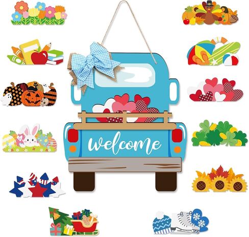 12 قطعة من distaratie، لافتة ترحيب قابلة للتبديل، ديكور شاحنة، مزرعة موسمية، منزل ريفي، شاحنة خشبية، باب ترحيب معلق مع أيقونات عطلة قابلة للتبديل لزينة عيد الميلاد in Kuwait