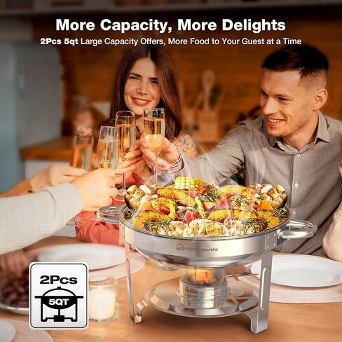 Chafing Dishes for Buffet 5QT, [95% Pre-Assembled] Round Chafing Dish Buffet Set w/Lid Holder, Stainless Steel Chafers and Buffet Warmers Sets for Parties, Wedding, Camping, Dinner (2) in Kuwait