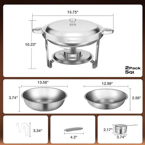 Chafing Dishes for Buffet 5QT, [95% Pre-Assembled] Round Chafing Dish Buffet Set w/Lid Holder, Stainless Steel Chafers and Buffet Warmers Sets for Parties, Wedding, Camping, Dinner (2) in Kuwait