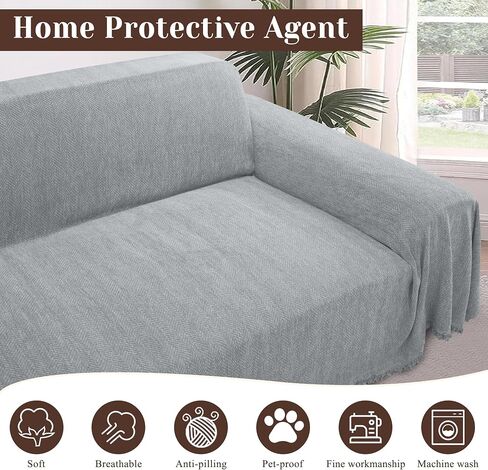 ALIECOM Boho غطاء أريكة بطانية أغطية أريكة لـ 3 وسائد أريكة من الشنيل أغطية أريكة ناعمة مع شرابة أغطية أريكة مقسمة للحيوانات الأليفة والكلاب حامي أثاث قابل للغسل (رمادي فاتح، 91 × 142 بوصة) in Saudi Arabia