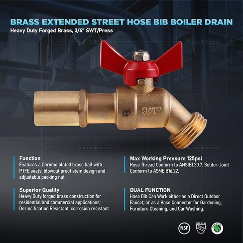 Midline Valve Extended Street Hose Bib Boiler Drain, 3/4’’ SWT/Press, Brass (5 Pack) in Saudi Arabia