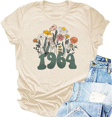 قميص نسائي لأعياد الميلاد 60th تي شيرت عتيق 1964 تي شيرت ستين يوم للحفلات ملابس غير رسمية هدايا عيد ميلاد مطبوع عليها زهور بأكمام قصيرة تي شيرت in Kuwait