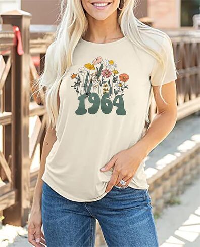 قميص نسائي لأعياد الميلاد 60th تي شيرت عتيق 1964 تي شيرت ستين يوم للحفلات ملابس غير رسمية هدايا عيد ميلاد مطبوع عليها زهور بأكمام قصيرة تي شيرت in Kuwait