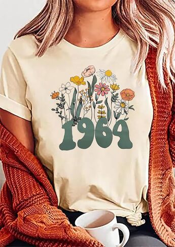 قميص نسائي لأعياد الميلاد 60th تي شيرت عتيق 1964 تي شيرت ستين يوم للحفلات ملابس غير رسمية هدايا عيد ميلاد مطبوع عليها زهور بأكمام قصيرة تي شيرت in Kuwait