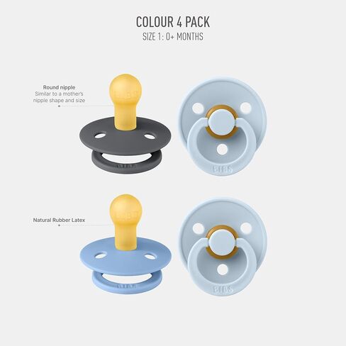 BIBS Colour Soother 4-Pack | BPA Free Dummy Pacifier | Round Nipple | Natural Rubber Latex | Made in Denmark | Size 18-36 Months | Iron Glow Mix in Saudi Arabia