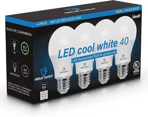لمبة إضاءة LED A19 من شركة GREAT EAGLE LIGHTING CORPORATION، 6 وات (ما يعادل 40 وات)، مدرجة في قائمة UL، 4000 كلفن (أبيض بارد)، 450 لومن، غير قابلة للتعتيم، استبدال قياسي (4 عبوات) in Saudi Arabia