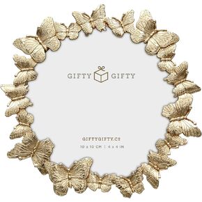 Gold Circular Butterfly Photo Frame / 4x4 In | For Vertical Display on Tabletops | Perfect for Home Decor, Wedding, Vacation, Graduation, Or Any Milestone Photos (Gold)
