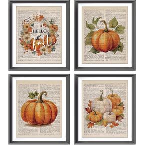 AEHIE Fall Wall Art, Fall Pictures Wall Decor, Fall Pictures, Hello Fall Poster Prints For Home Farmhouse Kitchen Living Room Decor, Retro Autumn Fall Artwork Prints Wall Art Unframed 4pcs 8x10