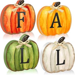 Fall Pumpkin Wooden Signs Decoration Thanksgiving Pumpkin Tabletop Sign Tiered Tray Decor Autumn Pumpkin Wooden Block Sign for Thanksgiving Fall Home Kitchen Harvest Party Supplies, 4 Pcs