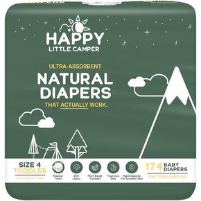 Happy Little Camper Ultra-Absorbent Hypoallergenic Natural Disposable Baby Diapers, Chlorine-Free Protection for Sensitive Skin, Newborn, Size 1, 36 / 216Count