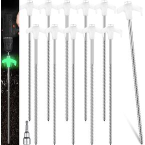 Hicarer 12 Inch Tent Stakes Screw in Camping Stakes Heavy Duty Metal Stake Ground Anchor Peg Threaded Tent Spikes with Hex Head Driver for Camping Garden Inflatable