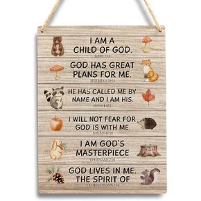 I Am A Child Of God Woodland Animals Hanging Wooden Sign,Inspirational Quotes Bible Verse Christian Wall Wood Signs,Christian Nursery Inspirational Hanging Signs,7.9×10.2 Inches