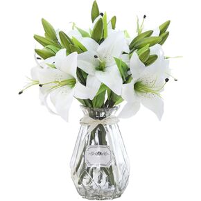 5pcs Artificial Lily Flowers Plastic Fake Easter Tiger Lily Real Touch Bouquet for Wedding Party Home Garden Hotel Decor (White)