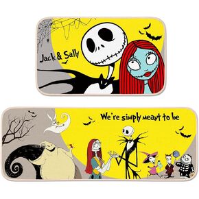 Jack Sally Kitchen Mats Set of 2 Halloween Decorations Indoor Christmas Nightmare Decor Kitchen Rugs Floor Doormat Bathroom Low-Profile for Holiday Home Before Party Outdoor Ornaments (multicolor)