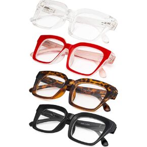 4-Pack Ladies Eyeglasses with Oversized Square Frame for Women Readers