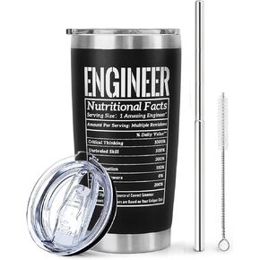 كوب مهندس بغطاء وقش - هدايا مهندس مضحكة للمهندسين - كوب مهندس، كوب، كوب نحيف - أكواب معزولة حراريًا باللون الأسود غير اللامع 20 أونصة - هدايا الطالب الذي يذاكر كثيرا (حقائق غذائية)