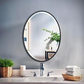 Gatco 1820MX Bathroom Wall Mirror, 28" H x 21" W Modern Mirror for Living Room, Vanity, Slim Design Beveled Framed Oval Matte Black Mirror - Easy Mount Safety Bracket