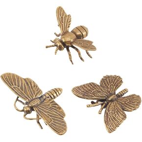 3pcs Mini Bee Sculpture Brass Dragonfly Butterfly Decor Ornament Retro Honeybee Good Luck Animal Figure Statues for DIY Craft Insect Ornaments Home Desktop Decorative