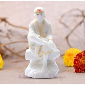 Sai Baba Statue Marble Dust Murti for Home Pooja & Car Dashboard | Sai Baba Idol Handmade Finishing Sitting on Stone (4 Inch)